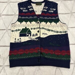Vintage 90s Northern Reflection Sweater Vest Barn Lake Snow Farm Womens XL Blue